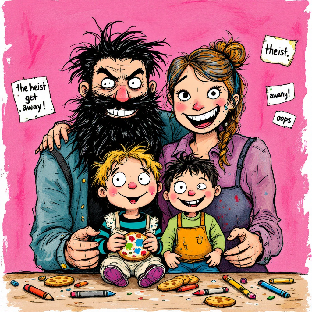 A quirky family portrait shows a bearded man, a cheerful woman, and their two playful children amidst cookies and crayons, humorously embodying a quote about their ineptitude in crime.