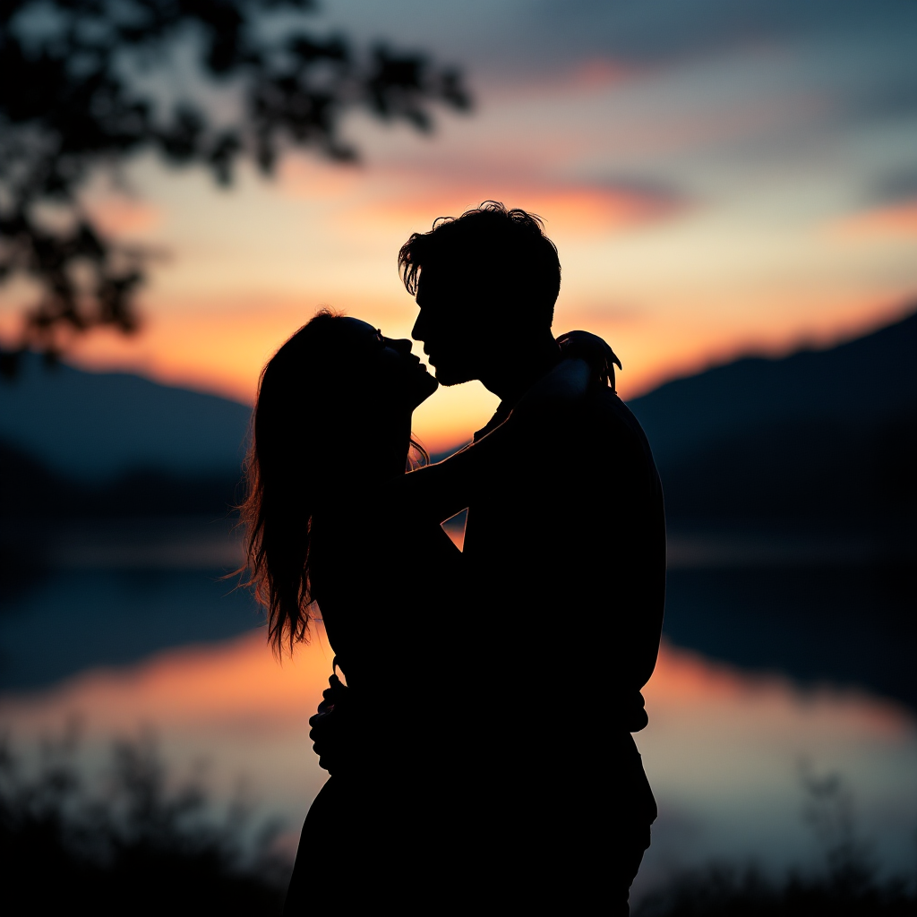 A silhouetted couple embraces at sunset by a serene lake, capturing the depth of love and the bittersweet essence of longing referenced in the quote about lovers' unhappiness.