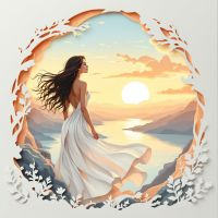 A woman in a flowing white dress stands on a cliff, gazing at the sunset over a serene landscape, framed by intricate cut-out foliage, symbolizing reflection and personal growth.