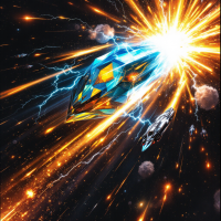 A vibrant explosion erupts from a crystalline alien ship, sending jagged bursts of orange and blue energy through space, while a smaller warliner witnesses the chaotic attack nearby.