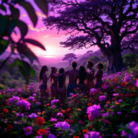 A diverse group of people stands in a vibrant, flower-filled landscape at sunset, embracing unity and connection with nature in a harmonious setting.