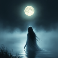 A figure in a flowing garment stands in calm water, gazing at a full moon overhead, surrounded by mist, evoking the longing expressed in the quote, I want to be with you, it’s just that...