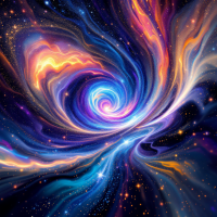 A swirling cosmic vortex in vibrant blues, purples, and oranges, adorned with sparkling stars, representing the transformative journey of self-discovery and essence through action.