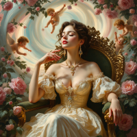 A regal woman in a glamorous gown sits on an ornate chair, surrounded by swirling clouds and cherubs, amidst lush roses, embodying confidence and intuition.