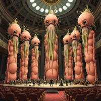 Alien, fleshy pinkish-brown pillars with bulbous tops, biological sensors, rubbery openings, and off-colored moss sprouting, draped in black and white fabrics, stand where an orchestra once played.