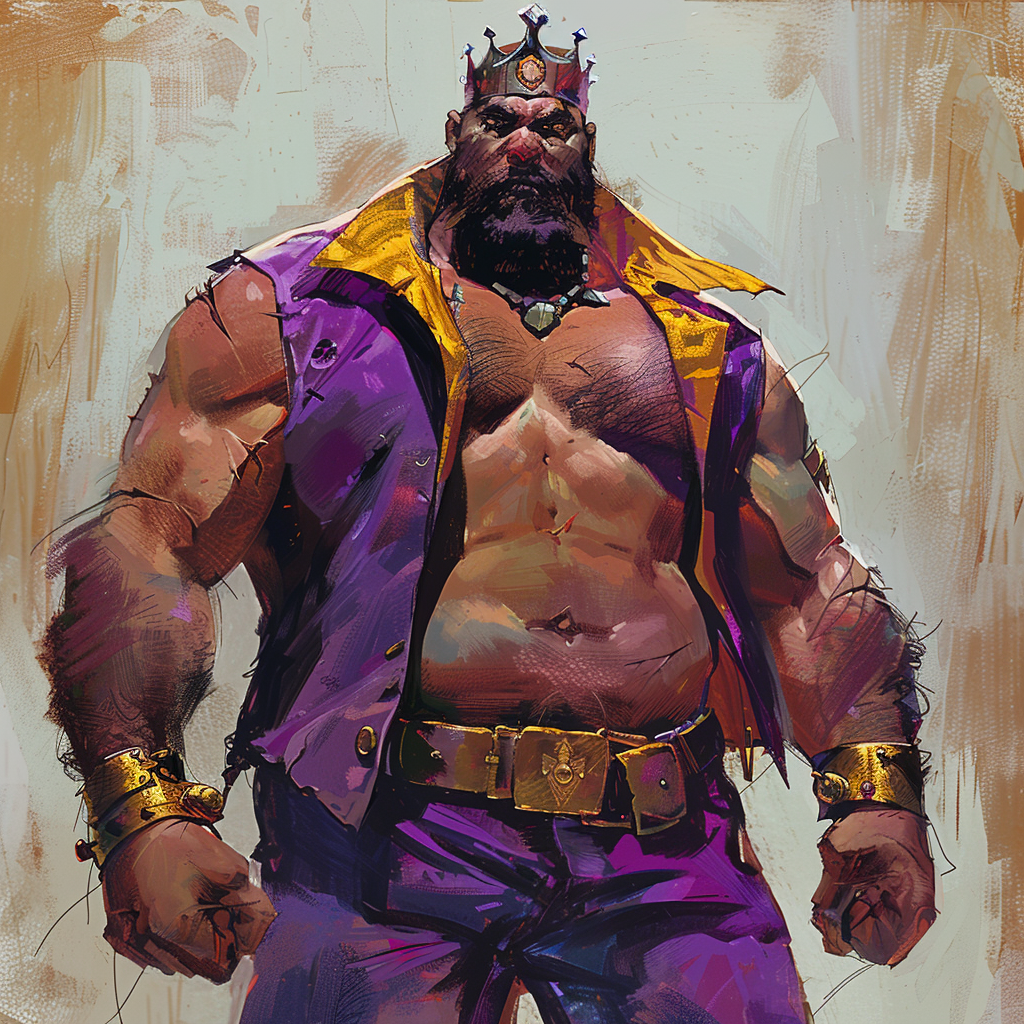 Image of a muscular man with a short black beard and a crown made of teeth, wearing a purple vest, slacks, iron boots, and gold cuffs.