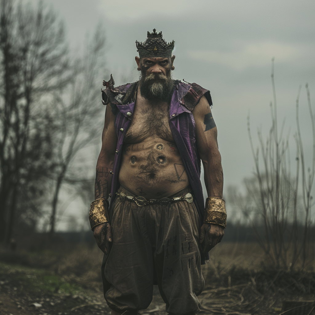 A large man with a short black beard and a crown of animal teeth stands wearing a purple vest, slacks, iron boots, and gold wrist cuffs.