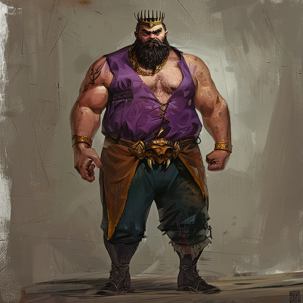 A large man with a black beard and a crown of animal teeth stands in a purple vest, loose slacks, iron boots, and gold wrist cuffs.