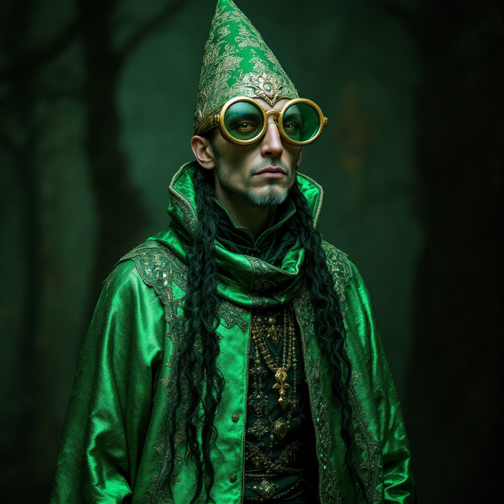 A reptilian emissary in shimmering green attire, a pointed cap, dirty blue boots, and large glasses, holds a scepter and stands amid a dark, mysterious forest backdrop.