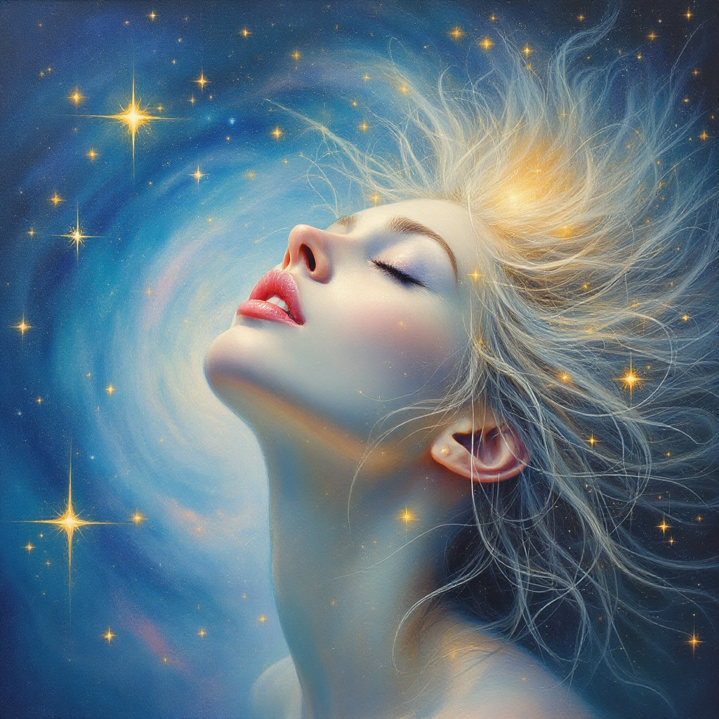 A woman with flowing hair gazes upward, surrounded by a swirling night sky filled with shimmering stars, embodying the quote I crave you like the stars crave the night.