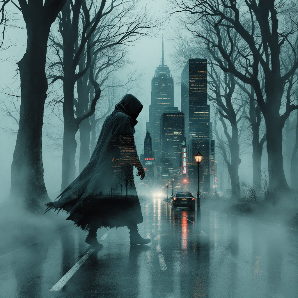 A hooded figure walks through a foggy street lined with bare trees, with a distant city skyline illuminated by soft lights, conveying a sense of mystery and unexpected journeys.