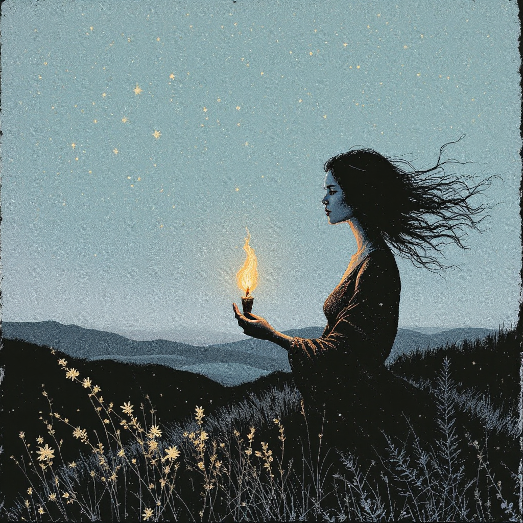 A woman stands on a mountainside, holding a glowing candle as stars twinkle overhead, embodying the quote: Hope is a stubborn thing, often misplaced but rarely extinguished.