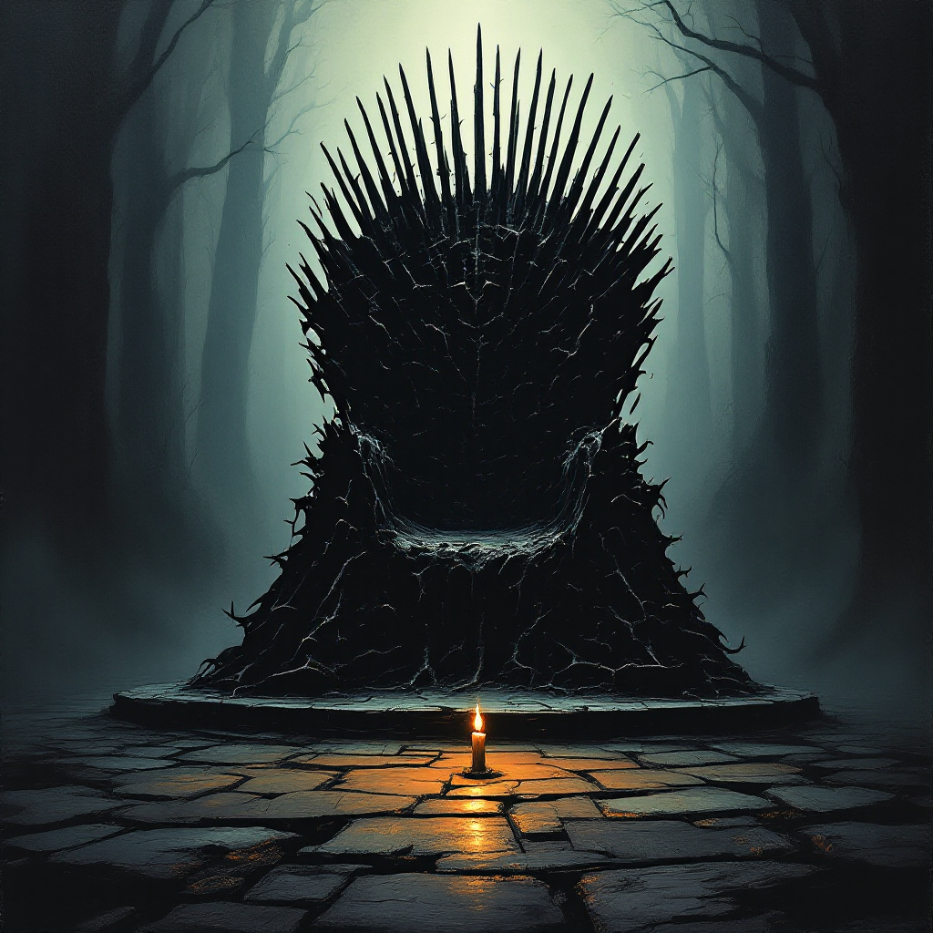 A dark, eerie throne made of iron and jagged spikes looms in a misty forest, illuminated by a single candle, embodying the quote about the dangerous price of power.