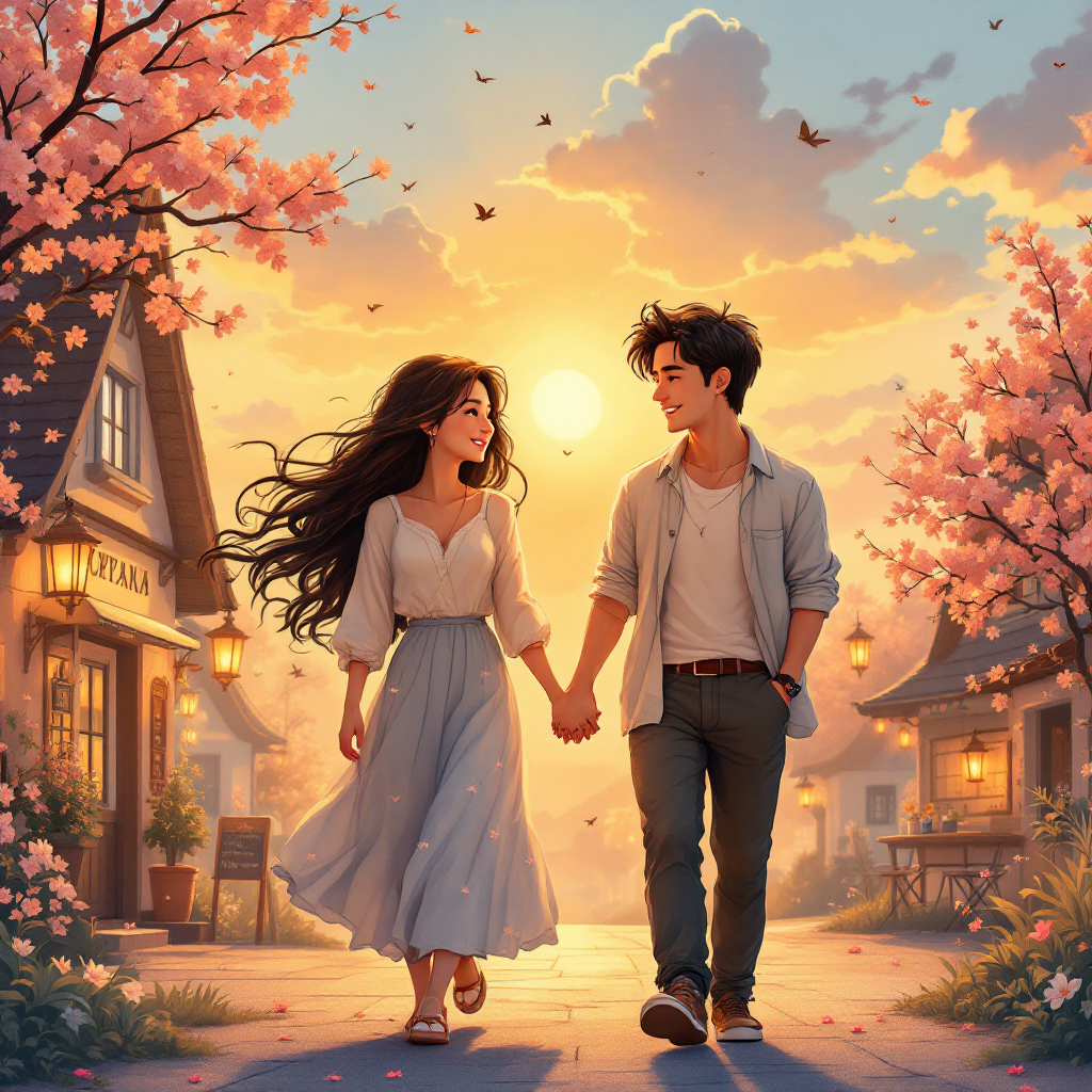 A couple walks hand in hand down a charming street lined with blossoming trees at sunset, embodying the transformative power of friendship as they share a joyful moment together.