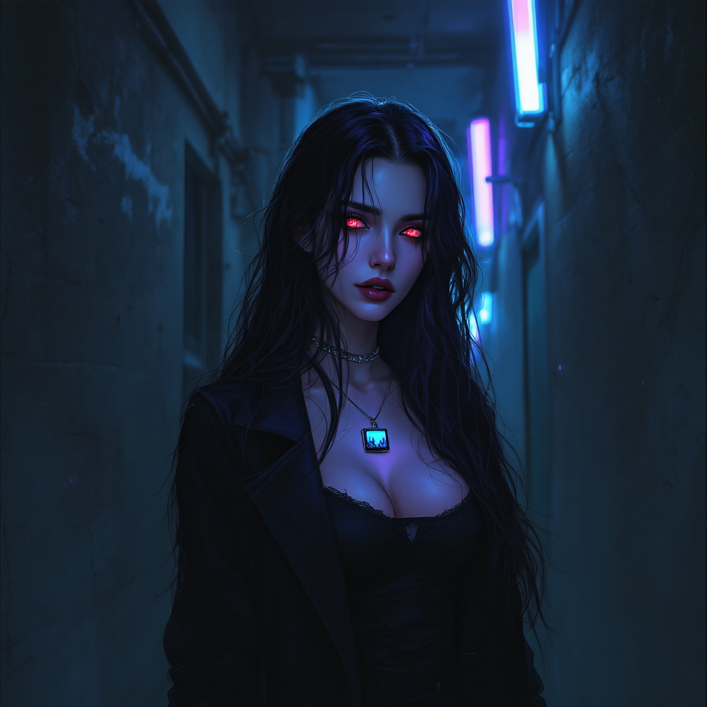 A mysterious figure with striking glowing eyes stands in a dimly lit corridor, surrounded by neon lights, embodying the allure of darkness suggested by the quote.