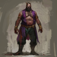 A digital image of a large man with a black beard wearing a crown made of teeth, a purple vest, slacks, iron boots, and gold wrist cuffs.