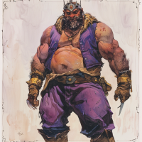 Illustration of a large man with a short black beard and a crown of teeth, wearing a purple vest, slacks, iron boots, and gold wrist cuffs.