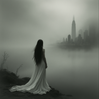 A figure in a flowing white gown stands at the water's edge, gazing at a fog-shrouded city skyline, evoking the quote: There are no secrets in the universe, only the things we can’t see.