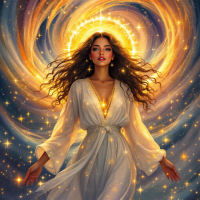 A woman adorned in flowing white robes stands confidently, surrounded by a radiant swirl of gold and stars, symbolizing empowerment, resilience, and opportunity for all.