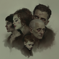 A group of five faces, each reflecting pain, with visible scars and sorrowful expressions, captures the essence of familial connections shaped by shared struggles.