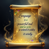 A glowing scroll with golden edges displays the quote, Language is a powerful tool, and we must wield it wisely, surrounded by a shimmering, magical background.