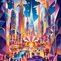 A vibrant, futuristic cityscape with towering, multicolored structures and a bustling crowd, embodying the dreams and excitement of a world's fair.