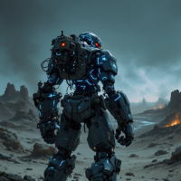 A futuristic robot stands in a desolate landscape, illuminated by blue lights, with a backdrop of rocky terrain and distant fires, embodying resilience and survival.