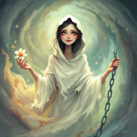 A mystical figure in a flowing white cloak holds a flower in one hand and a chain in the other, set against a swirling, ethereal backdrop, embodying the dual nature of fear as both protector and captor.