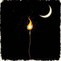 A glowing flame illuminates the darkness, symbolizing hope, while a crescent moon oversees the scene, capturing the essence of light amid shadows.