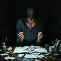 A focused woman sits at a cluttered table, gripping her fists in determination, surrounded by art supplies and sketches, embodying the resolve to do things herself.