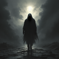 A shadowy figure in a tattered cloak stands against a moody, cloud-filled sky, illuminated by a distant moon, evoking themes of moral ambiguity from the quote about God’s existence.