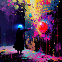A figure in a long coat reaches toward a large red button on a vibrant, splattered panel. The panel glows with the message, Please do not press this button again.
