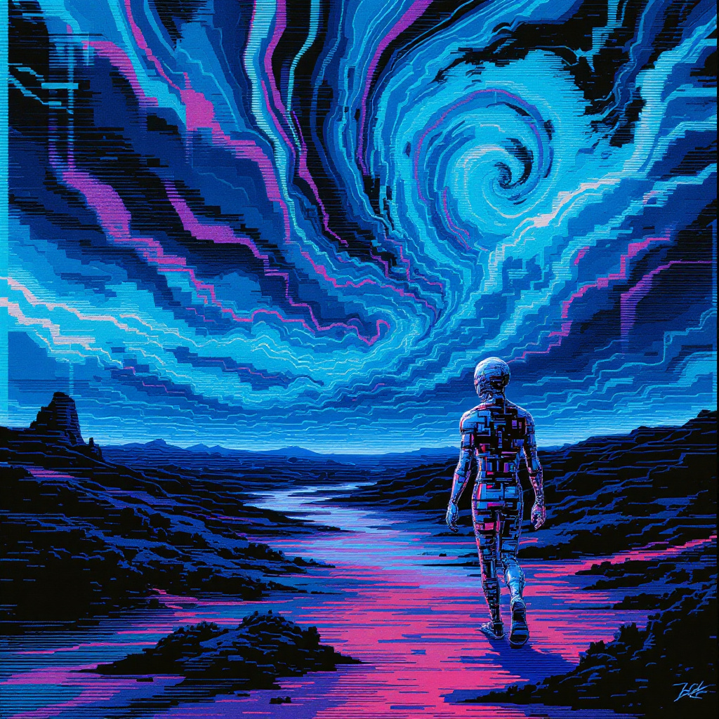 A futuristic figure walks along a vibrant river under a swirling, colorful sky, symbolizing the connection between habits and their outcomes.