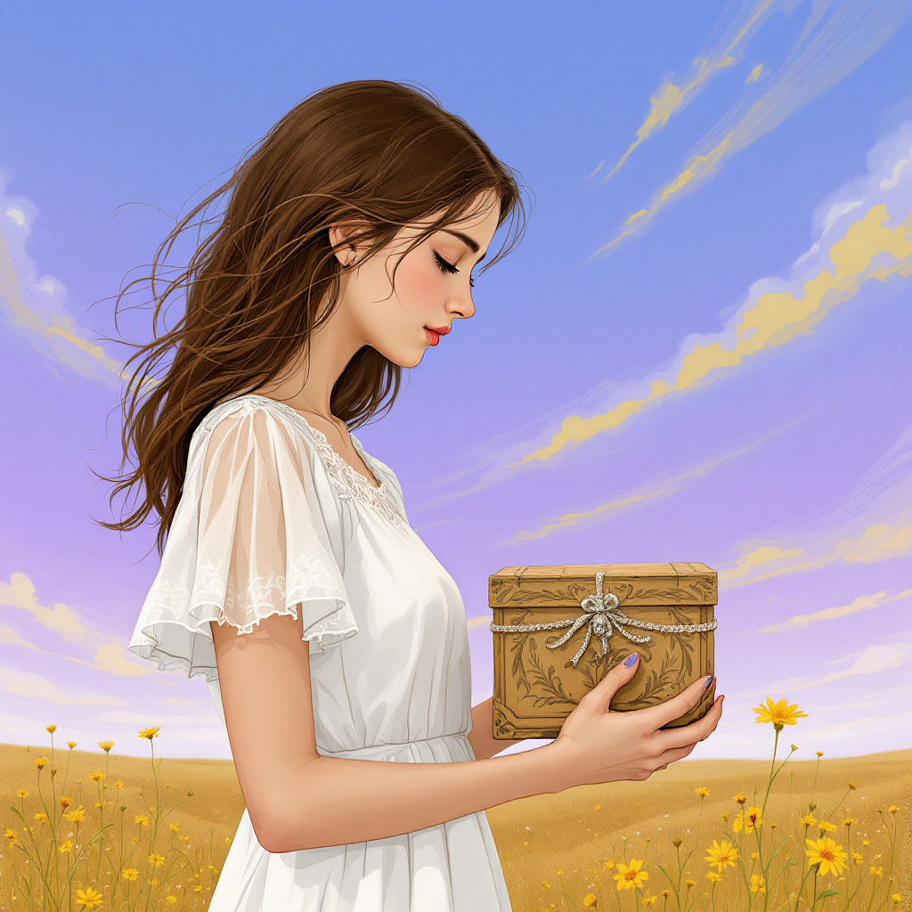 A thoughtful woman in a white dress stands in a sunny field, holding a small wooden box, symbolizing the deep connections and meanings we share with others.