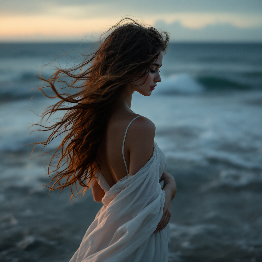 A woman stands at the shore, her flowing hair and billowing white dress catching the ocean breeze, embodying the beauty of vulnerability against a serene sunset backdrop.