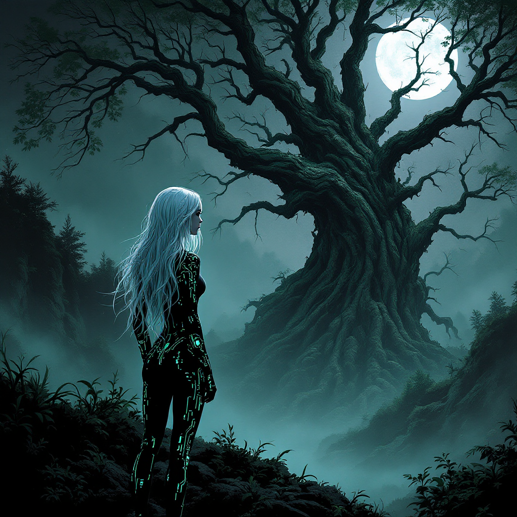 A figure with long white hair stands before a towering, gnarled tree under a full moon, surrounded by a misty, dark landscape, evoking themes of beginnings and fleeting moments.