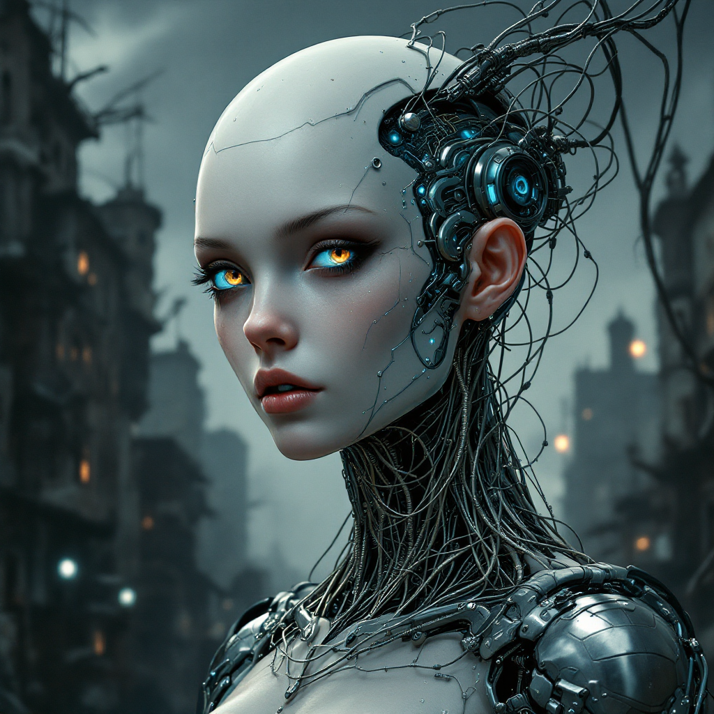 A futuristic female figure with robotic elements and glowing eyes stands amidst a dark, dystopian cityscape, embodying the essence of the quote on facing truth versus deception.