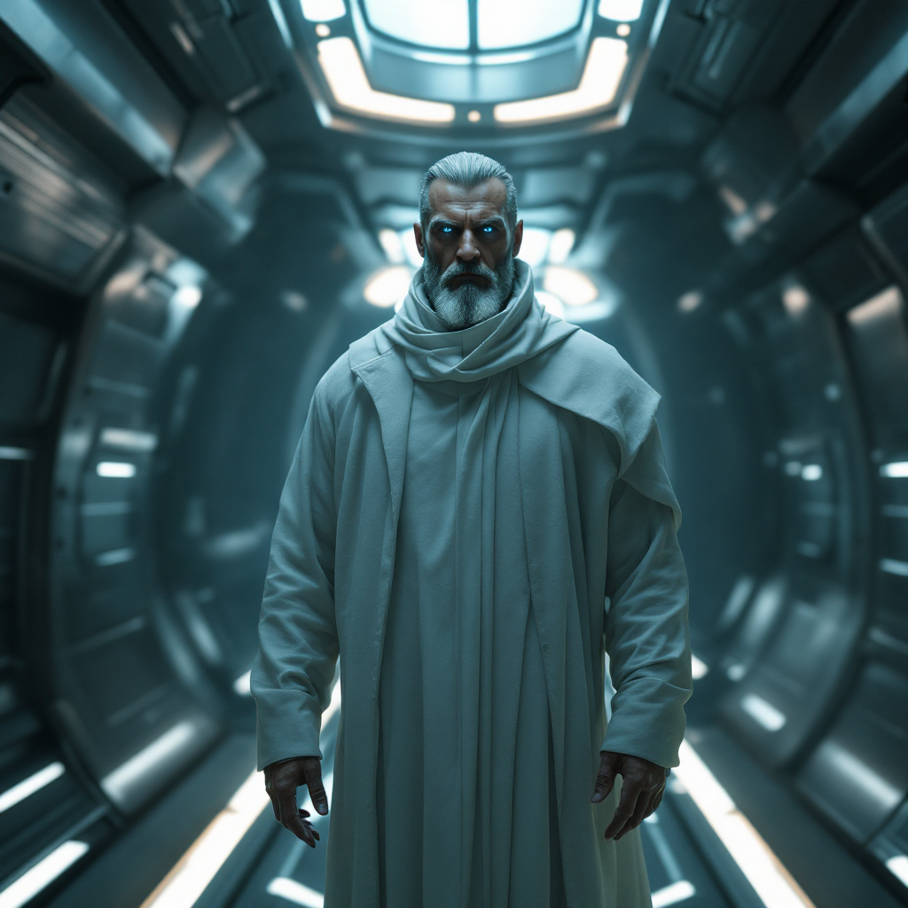 A figure in a flowing white cloak stands in a futuristic corridor, embodying the quote, A great man is one who leaves others at a loss after he is gone, with a contemplative expression.