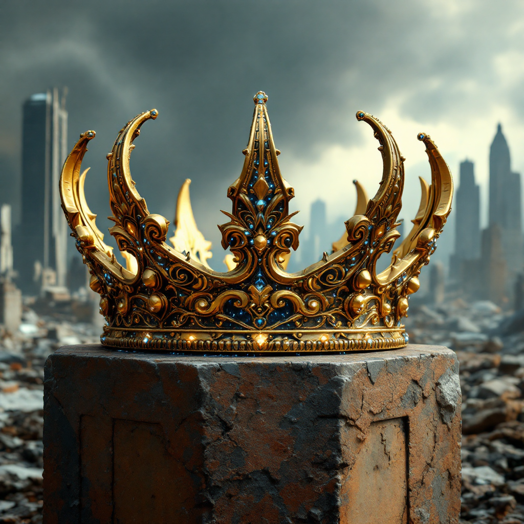 A majestic gold crown rests on a crumbling stone pedestal, surrounded by a desolate landscape, symbolizing the heavy burdens of power and the costs of leadership.