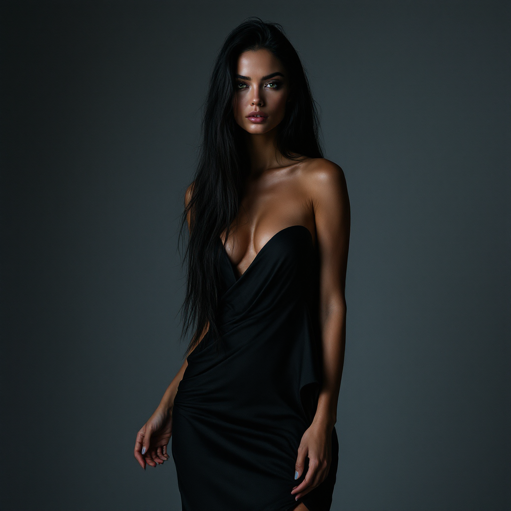 A woman with long, dark hair stands confidently in a sleek, black dress against a muted backdrop, embodying the uncertainties explored in philosophy.