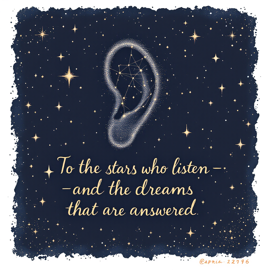 An artistic depiction of an ear intertwined with a starry night, featuring the quote, To the stars who listen—and the dreams that are answered, in elegant gold script.