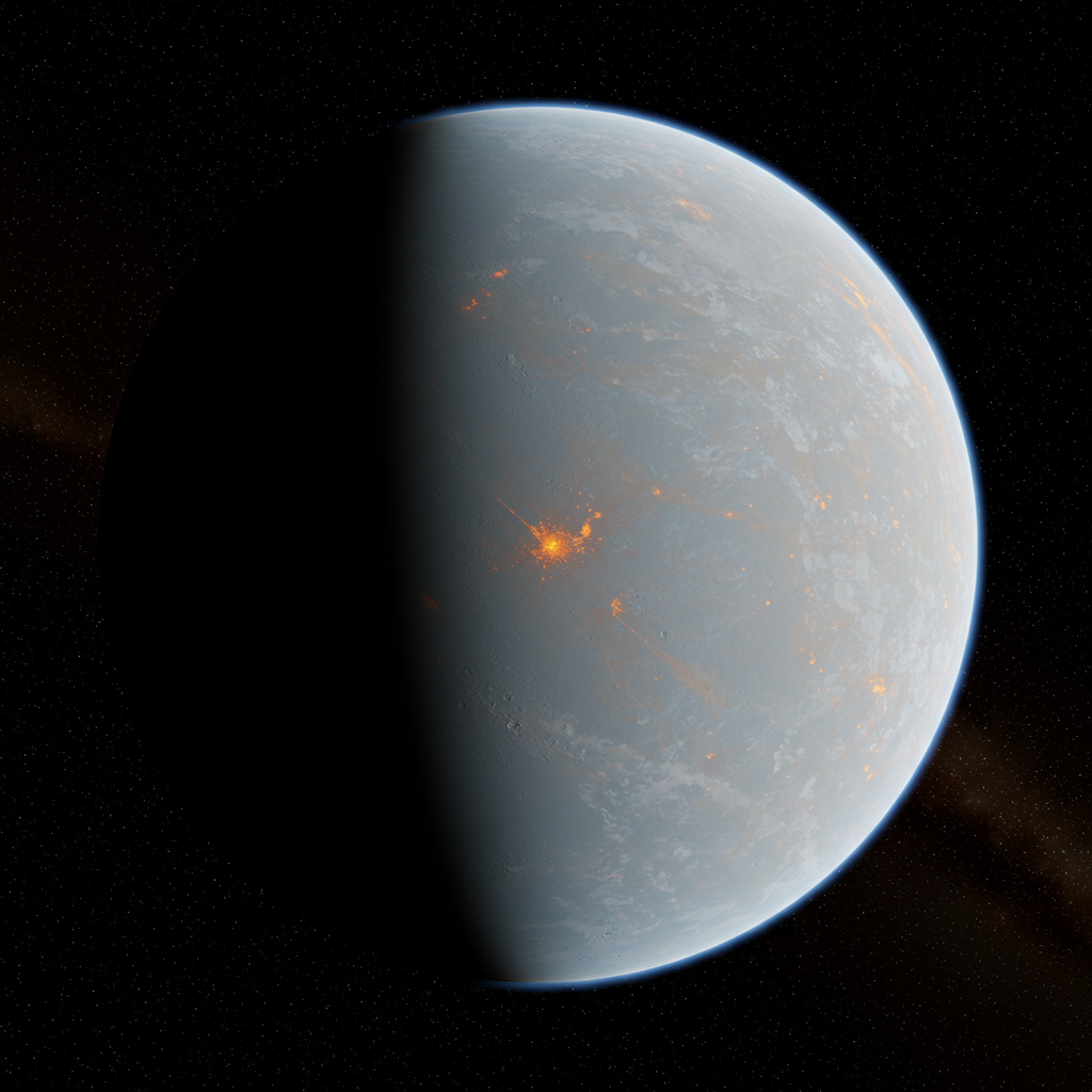 A smooth, pale grey oblate spheroid planet with no atmosphere or surface features, illuminated partly from the left, orbiting a bright star in the background.