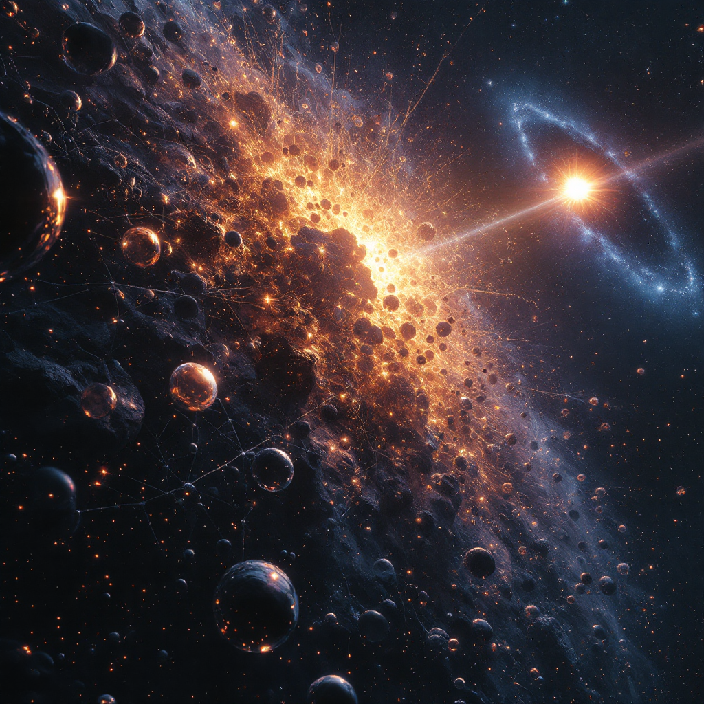 A vast swarm of glowing, interconnected replicator cells cluster around a bright star, radiating energy and extending like a neural network across space.