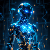 A futuristic robot with glowing blue circuits and an advanced design stands against a dark, tech-inspired background, embodying the idea of self-recreation and transformation.