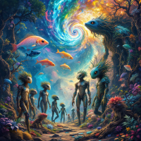 A vibrant scene depicts humanoids, reptiloids, and fishoids amidst a cosmic swirl, surrounded by walking tree-like beings and a dazzling array of colorful fish and flora.