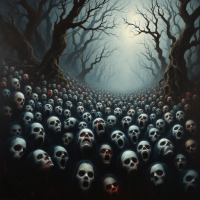 A dense, eerie forest filled with countless skulls, their mouths open in silent screams, embodies the quote: Fear is what binds us; it is the common denominator in our survival.