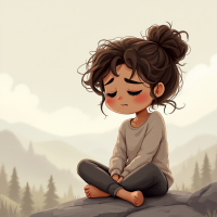 A contemplative young girl sits on a rock, gazing thoughtfully into the distance, surrounded by a serene landscape that reflects a sense of gentle indifference to the world.