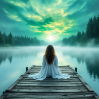 A figure in a flowing white dress sits on a wooden dock, gazing serenely over a misty lake at a vibrant sky, embodying the solitude that reveals deep self-awareness.