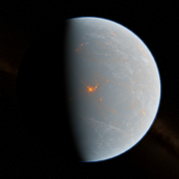 A smooth, pale grey oblate spheroid planet with no atmosphere or surface features, illuminated partly from the left, orbiting a bright star in the background.