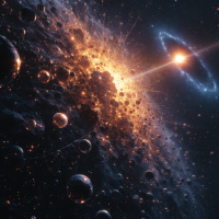 A vast swarm of glowing, interconnected replicator cells cluster around a bright star, radiating energy and extending like a neural network across space.
